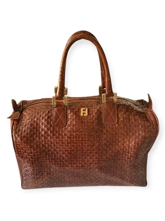 Vintage Fendi Woven Brown Leather Satchel | Top Handle Bag - Picture 2 of 7